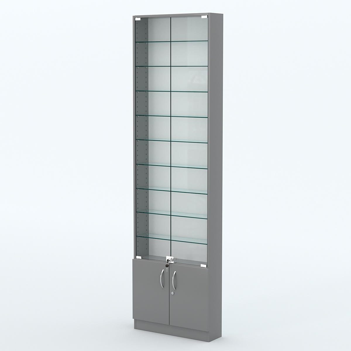 Торговая витрина с 9-ю стеклянными полками 150x600 мм серии NEXT-9 №2 (З/C - ДВП) Темно-Серый