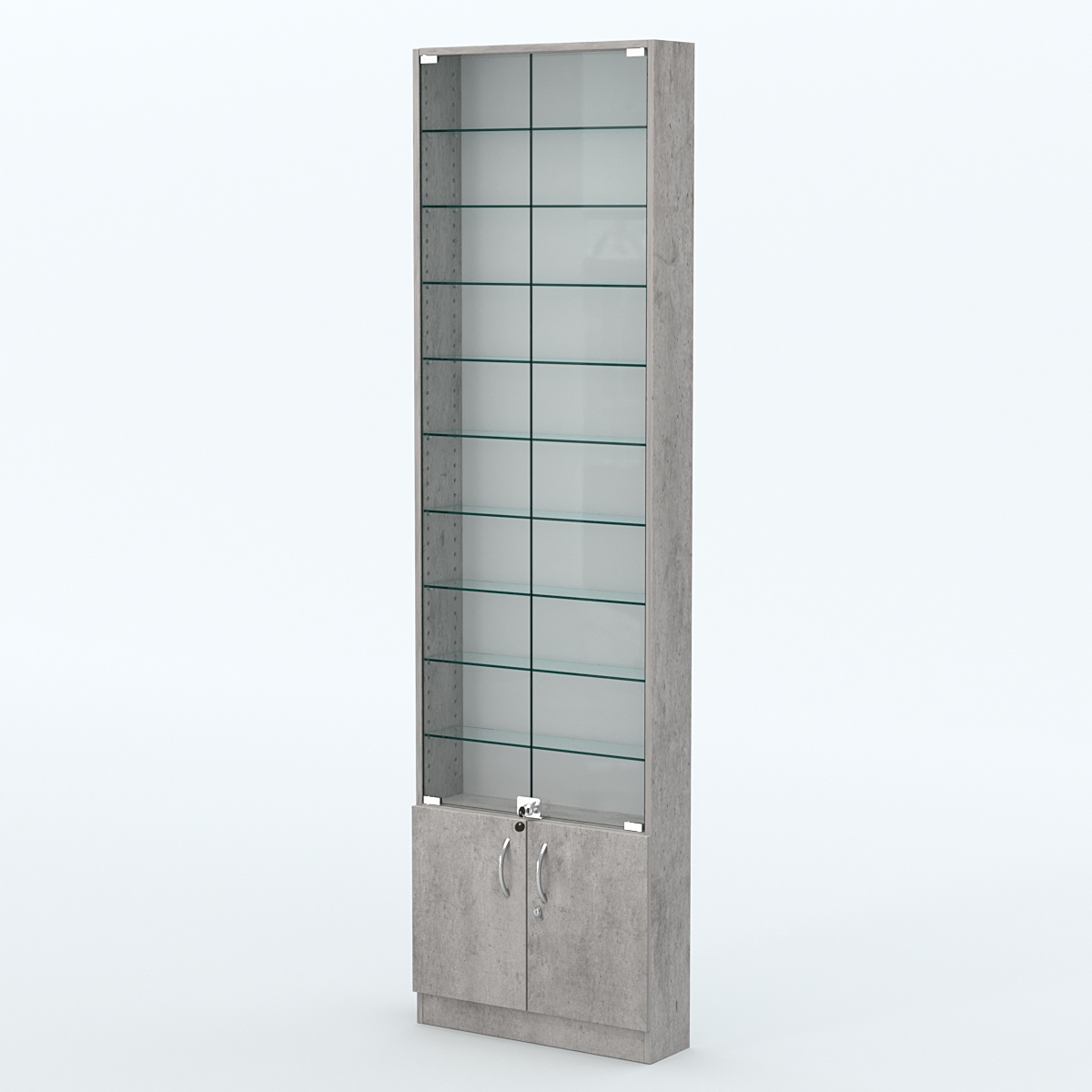Торговая витрина с 9-ю стеклянными полками 150x600 мм серии NEXT-9 №2 (З/C - ДВП) Бетон Чикаго светло-серый F186 ST9