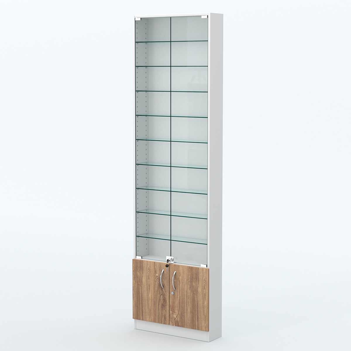Торговая витрина с 9-ю стеклянными полками 150x600 мм серии NEXT-9 №2 (З/C - ДВП) Белый + Дуб канзас коричневый
