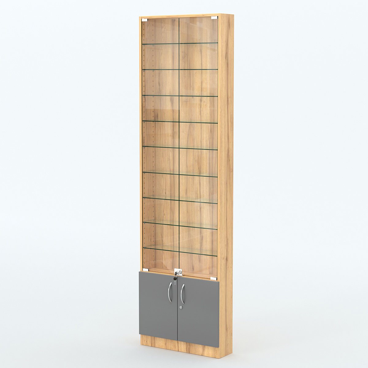 Торговая витрина с 9-ю стеклянными полками 150x600 мм серии NEXT-9 №2 (З/C - ДВП) Дуб Золотистый и Темно-Серый