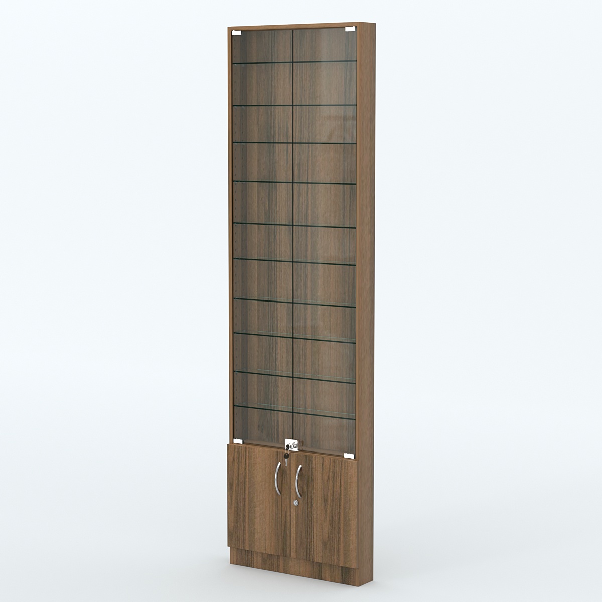 Торговая витрина с 10-ю стеклянными полками 100x600 мм серии NEXT-10 №1 (З/C - ДВП) Орех