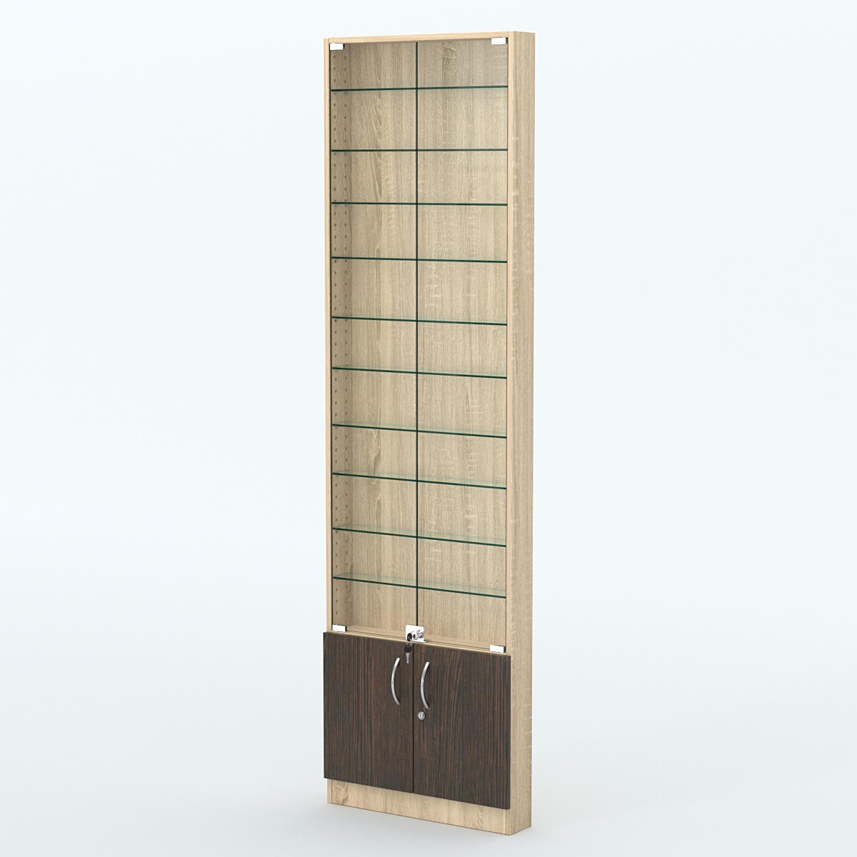 Торговая витрина с 10-ю стеклянными полками 100x600 мм серии NEXT-10 №1 (З/C - ДВП) Дуб Сонома + Дуб Венге