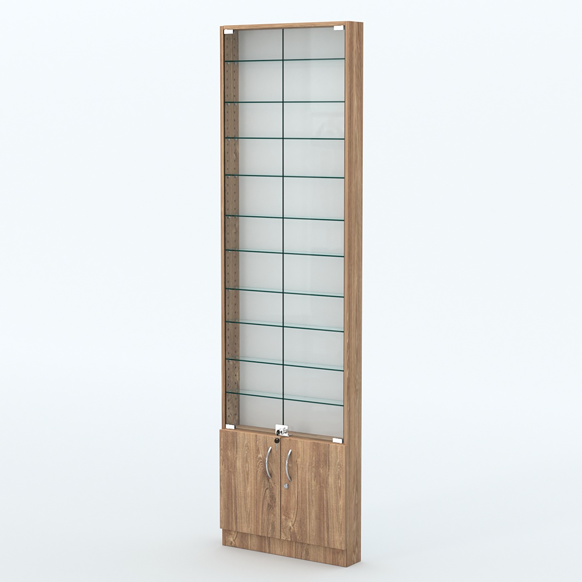 Торговая витрина с 10-ю стеклянными полками 100x600 мм серии NEXT-10 №1 (З/C - ДВП) Дуб Канзас коричневый