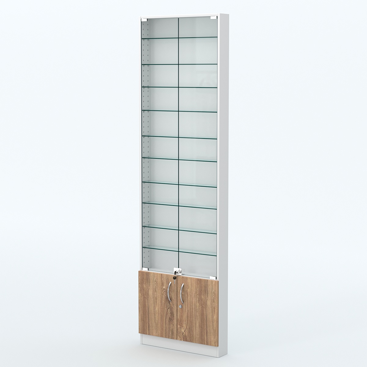 Торговая витрина с 10-ю стеклянными полками 100x600 мм серии NEXT-10 №1 (З/C - ДВП) Белый + Дуб канзас коричневый