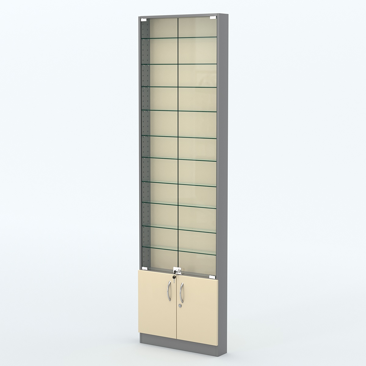 Торговая витрина с 10-ю стеклянными полками 100x600 мм серии NEXT-10 №1 (З/C - ДВП) Темно-серый + Крем Вайс