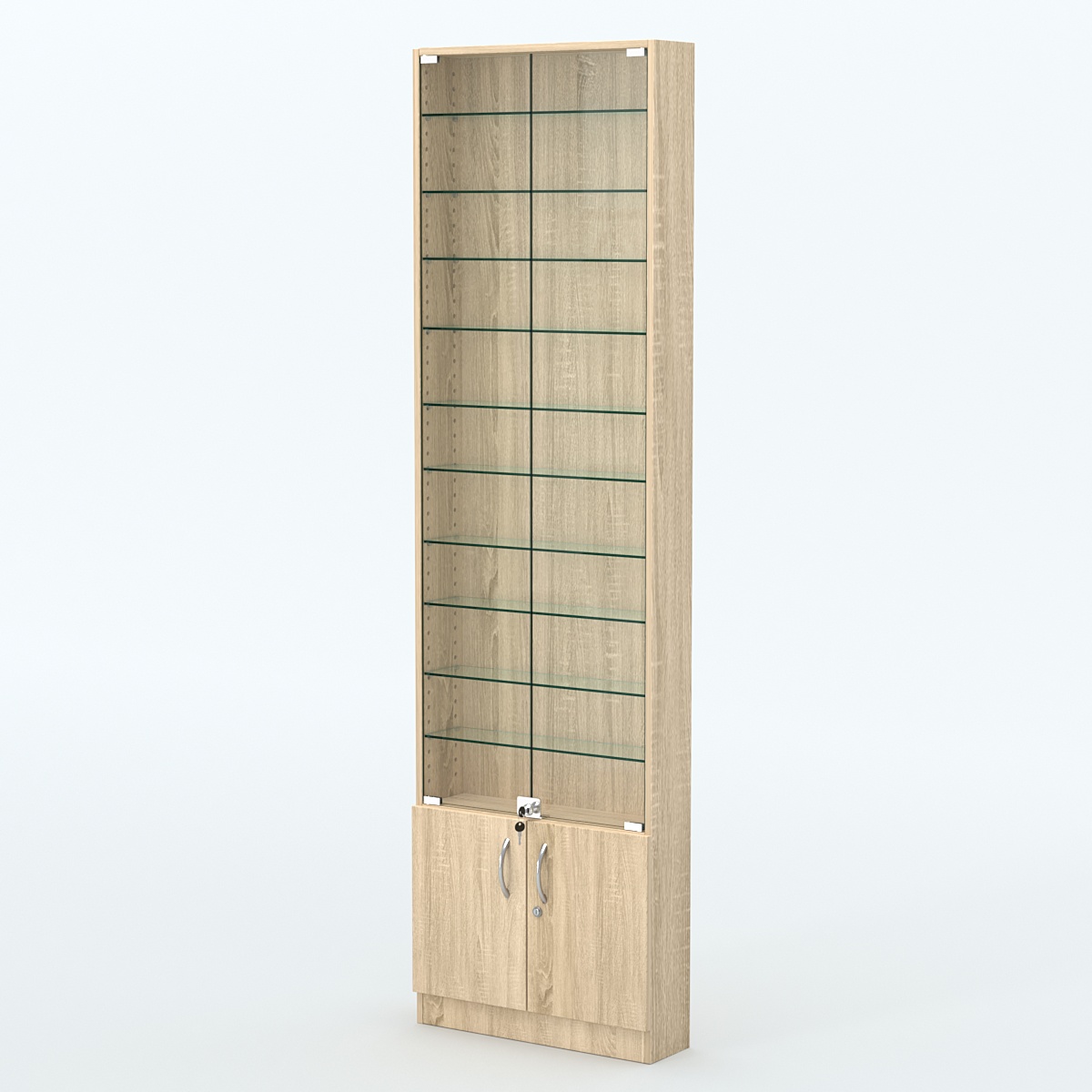 Торговая витрина с 10-ю стеклянными полками 150x600 мм серии NEXT-10 №2 (З/C - ДВП) Дуб сонома