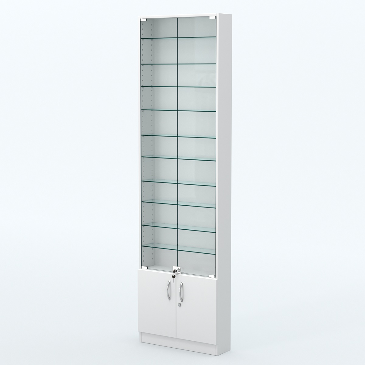 Торговая витрина с 10-ю стеклянными полками 150x600 мм серии NEXT-10 №2 (З/C - ДВП) Белый