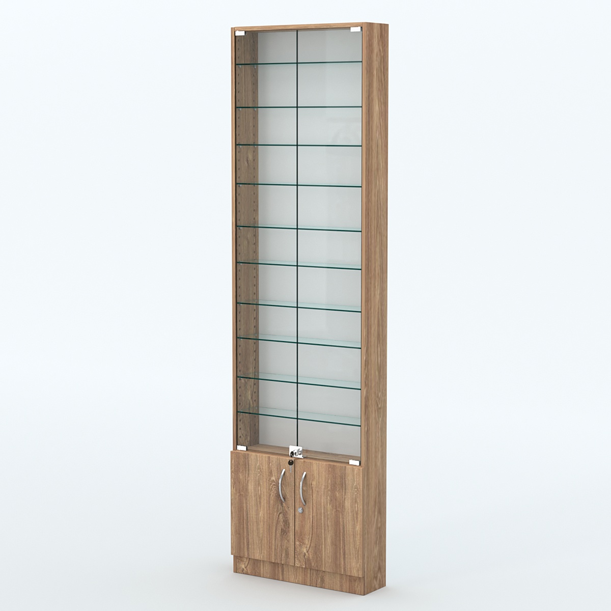 Торговая витрина с 10-ю стеклянными полками 150x600 мм серии NEXT-10 №2 (З/C - ДВП) Дуб Канзас коричневый