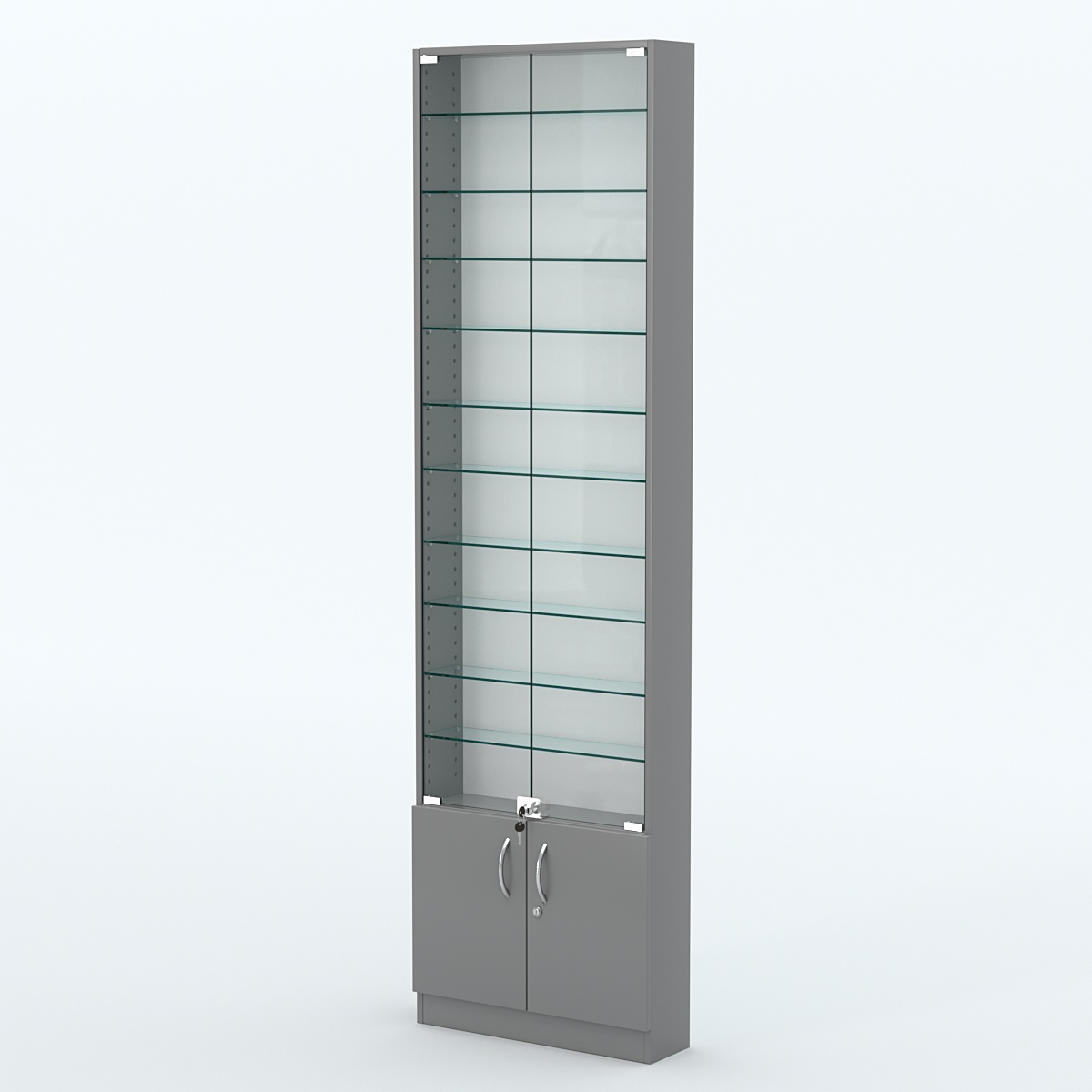 Торговая витрина с 10-ю стеклянными полками 150x600 мм серии NEXT-10 №2 (З/C - ДВП) Темно-Серый