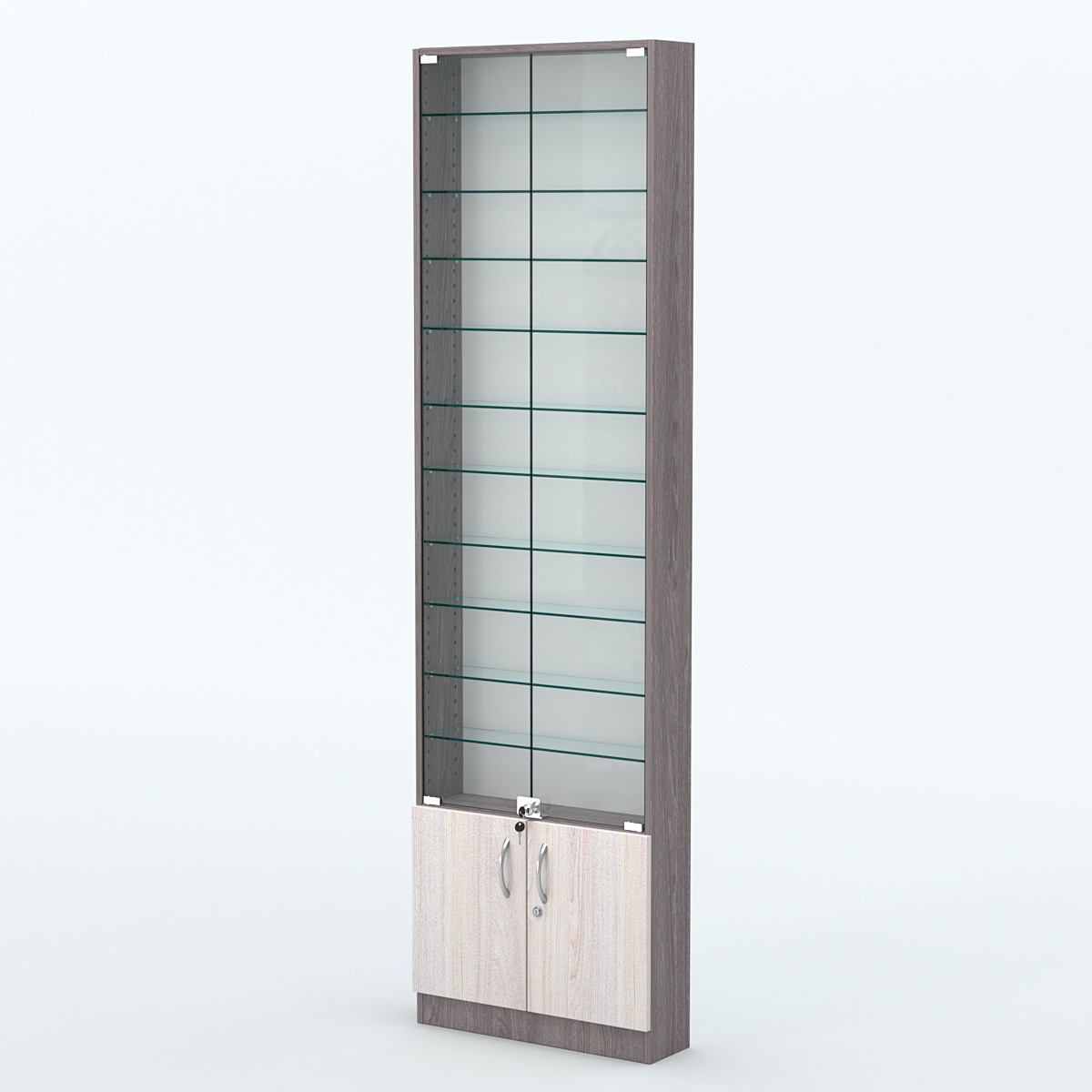 Торговая витрина с 10-ю стеклянными полками 150x600 мм серии NEXT-10 №2 (З/C - ДВП) Ясень Анкор темный + Ясень Анкор светлый