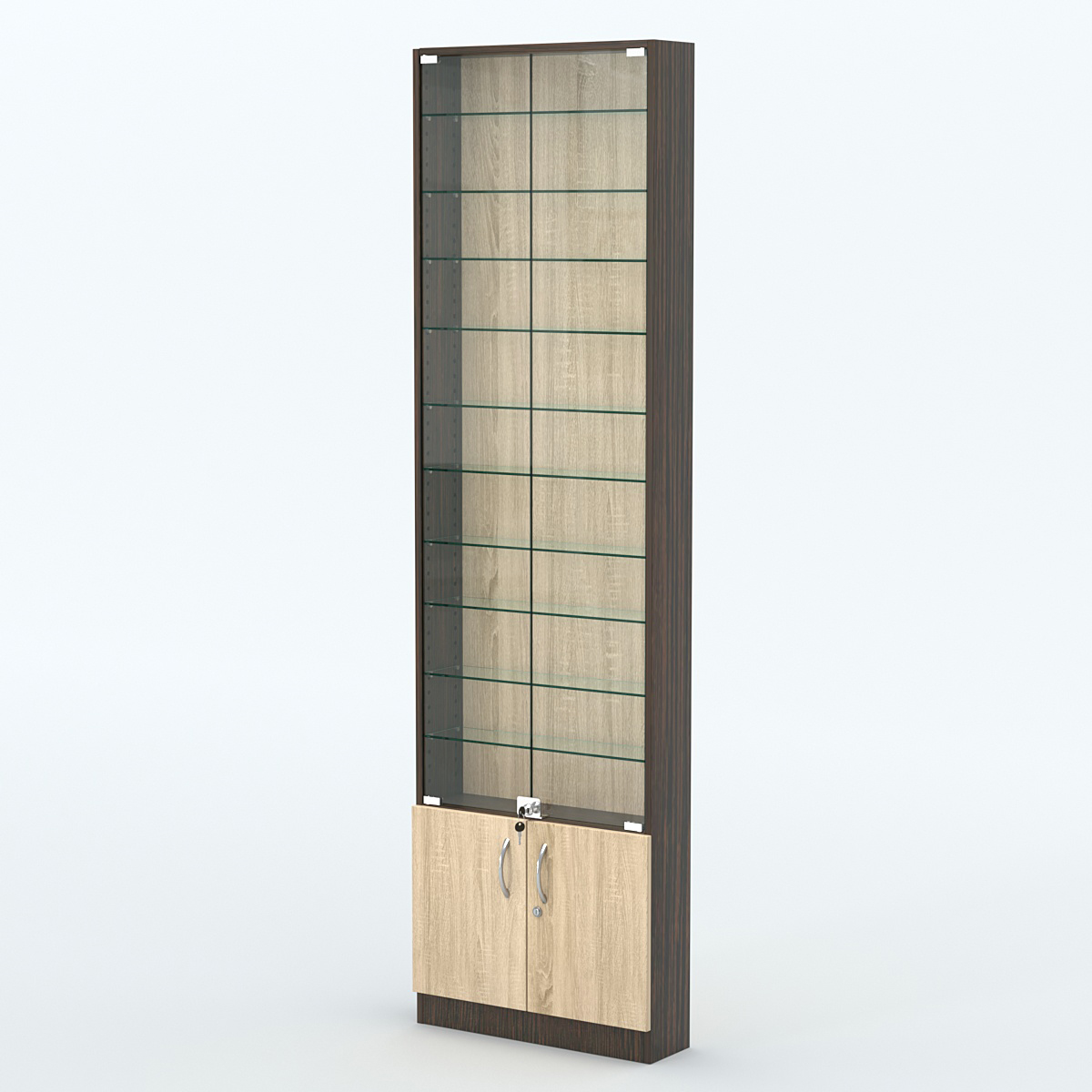Торговая витрина с 10-ю стеклянными полками 150x600 мм серии NEXT-10 №2 (З/C - ДВП) Дуб Венге + Дуб Сонома