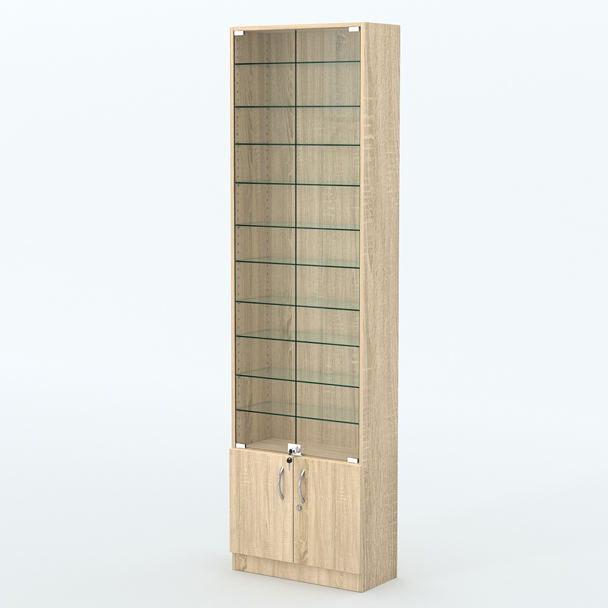 Торговая витрина с 10-ю стеклянными полками 250x600 мм серии NEXT-10 №4 (З/C - ДВП) Дуб сонома