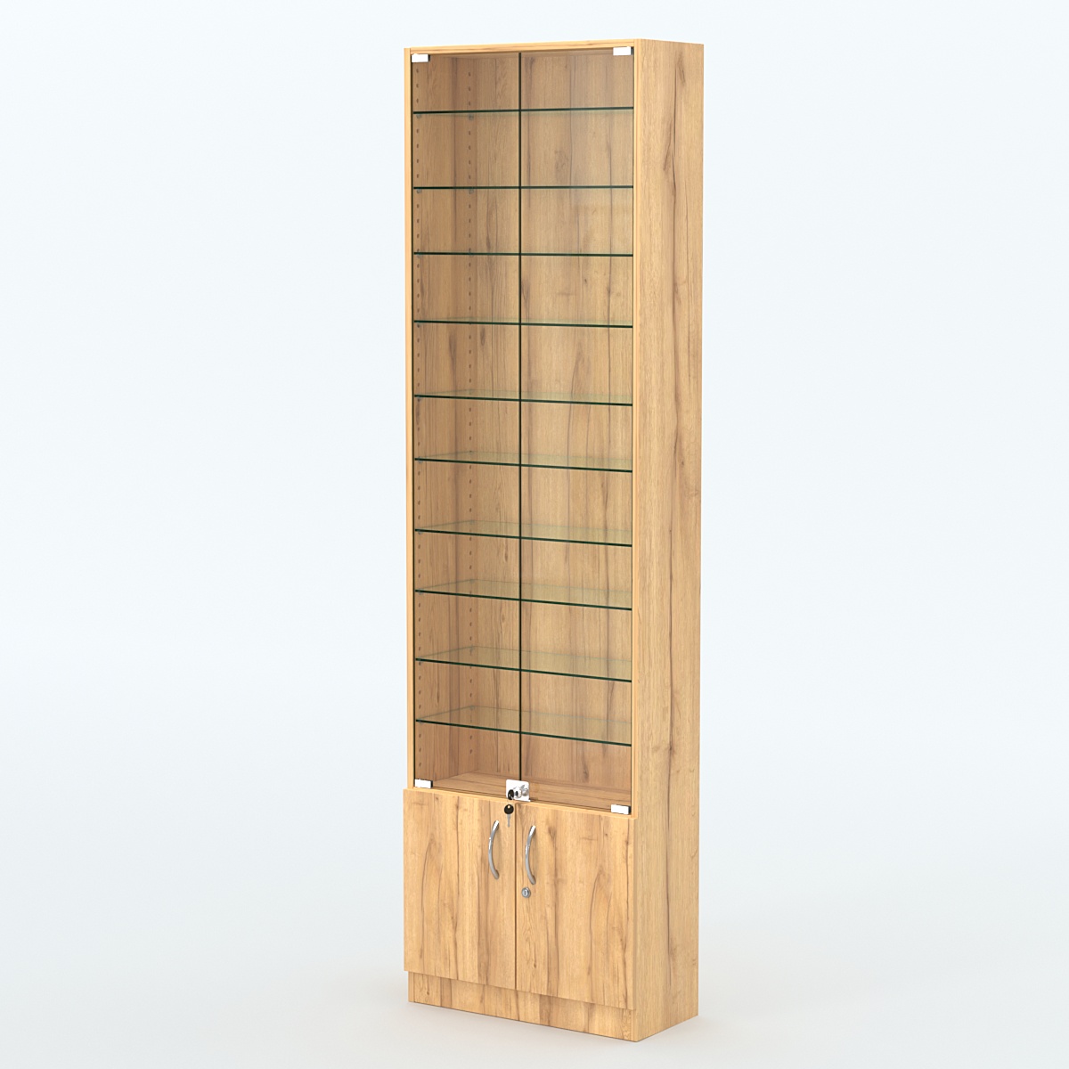 Торговая витрина с 10-ю стеклянными полками 250x600 мм серии NEXT-10 №4 (З/C - ДВП) Дуб Золотистый