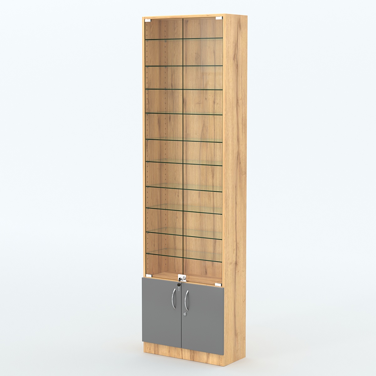 Торговая витрина с 10-ю стеклянными полками 250x600 мм серии NEXT-10 №4 (З/C - ДВП) Дуб Золотистый и Темно-Серый