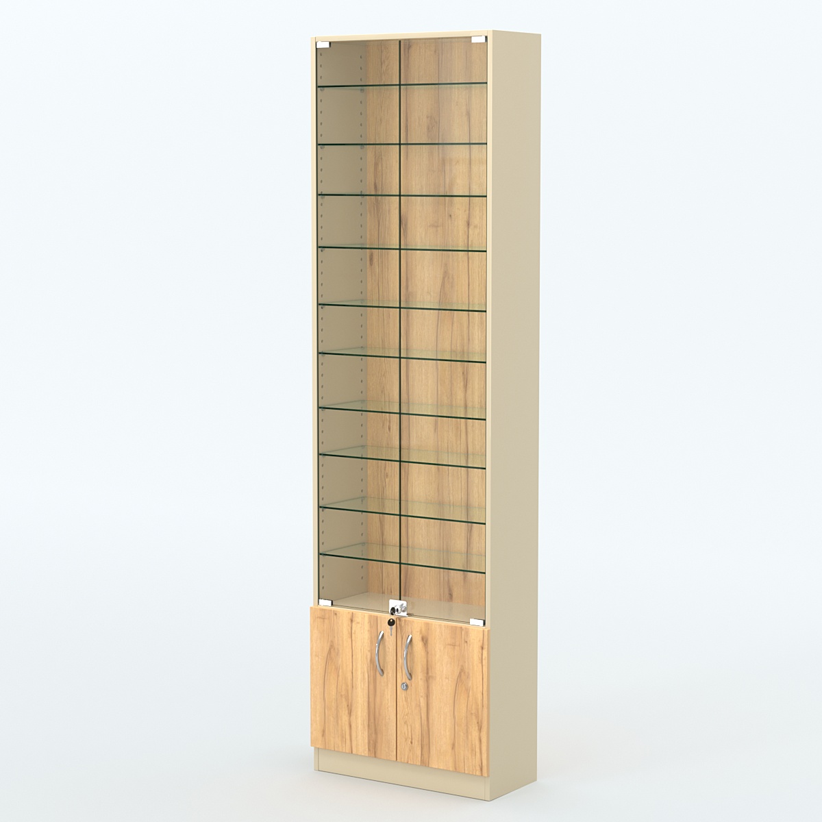 Торговая витрина с 10-ю стеклянными полками 250x600 мм серии NEXT-10 №4 (З/C - ДВП) Крем Вайс и Дуб Золотистый