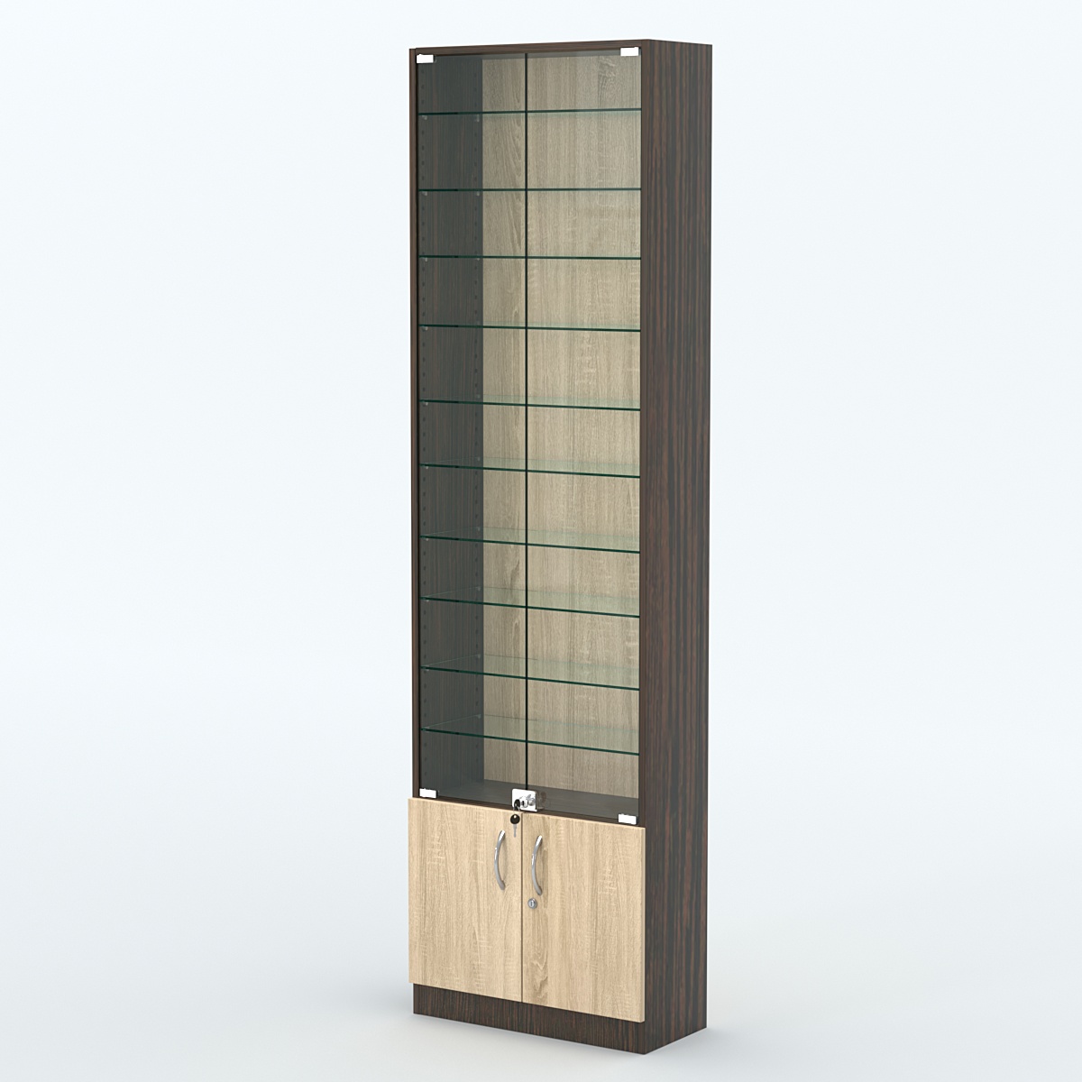 Торговая витрина с 10-ю стеклянными полками 250x600 мм серии NEXT-10 №4 (З/C - ДВП) Дуб Венге + Дуб Сонома