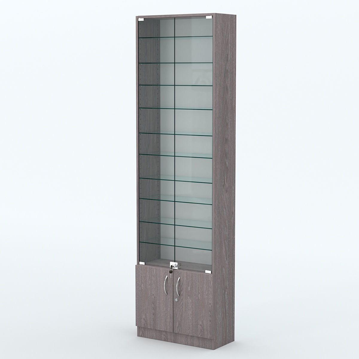 Торговая витрина с 10-ю стеклянными полками 250x600 мм серии NEXT-10 №4 (З/C - ДВП) Ясень Анкор темный