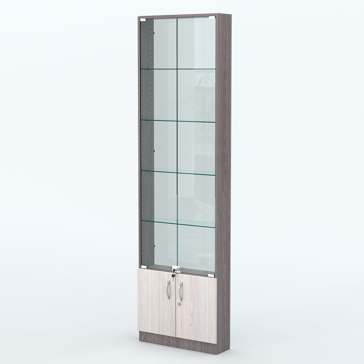 Торговая витрина с 4-мя стеклянными полками 150x600 мм серии NEXT-4 №2-1 (З/C - СТЕКЛО) Ясень Анкор темный + Ясень Анкор светлый