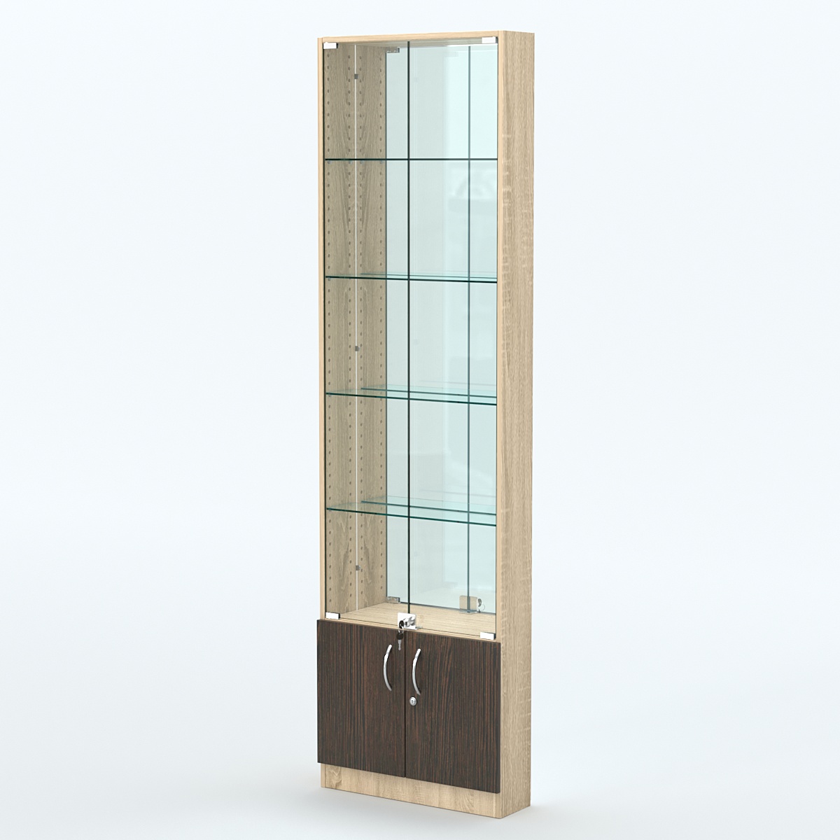 Торговая витрина с 4-мя стеклянными полками 150x600 мм серии NEXT-4 №2-2 (З/C - ЗЕРКАЛО) Дуб Сонома + Дуб Венге