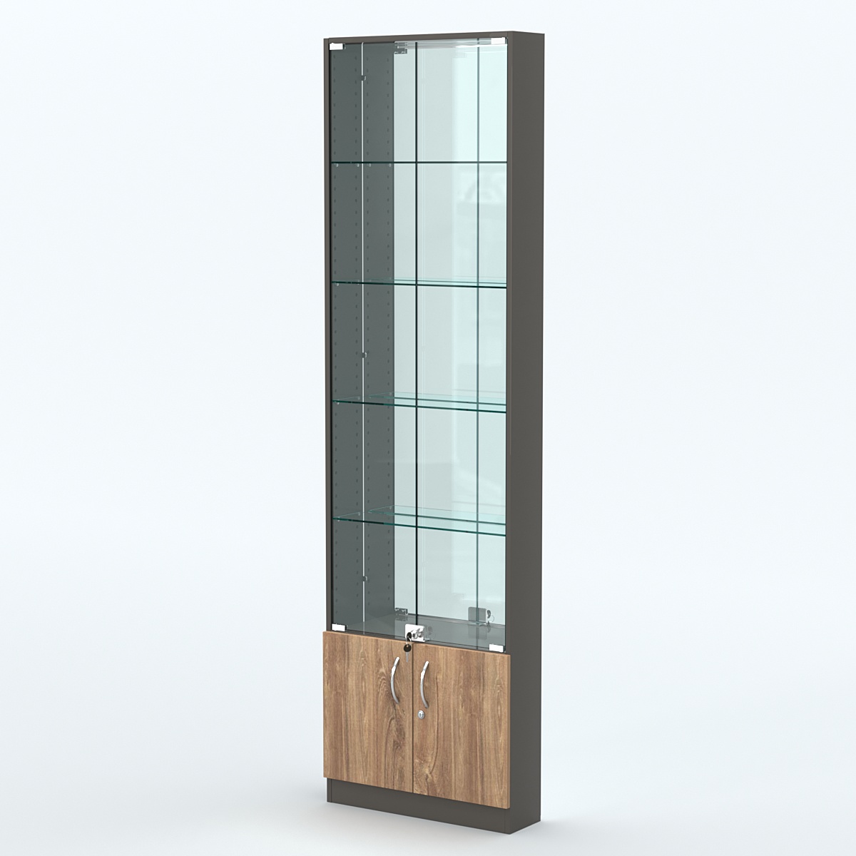 Торговая витрина с 4-мя стеклянными полками 150x600 мм серии NEXT-4 №2-2 (З/C - ЗЕРКАЛО) Черный + Дуб Канзас Коричневый