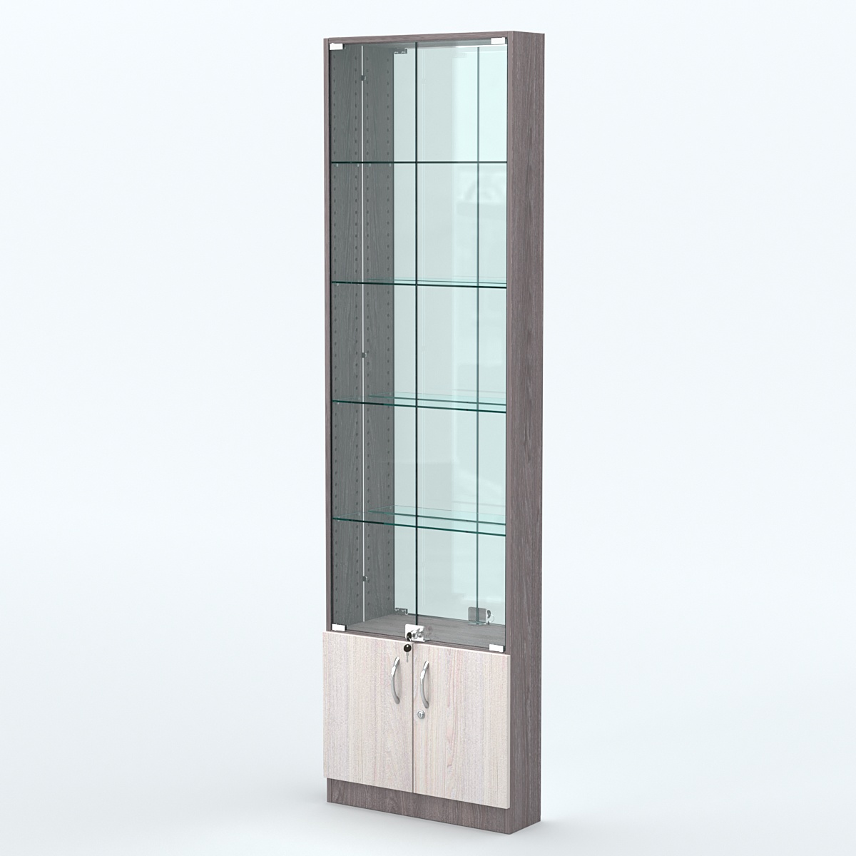 Торговая витрина с 4-мя стеклянными полками 150x600 мм серии NEXT-4 №2-2 (З/C - ЗЕРКАЛО) Ясень Анкор темный + Ясень Анкор светлый