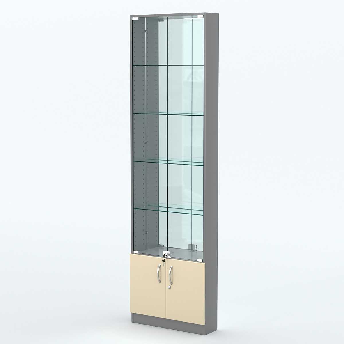 Торговая витрина с 4-мя стеклянными полками 150x600 мм серии NEXT-4 №2-2 (З/C - ЗЕРКАЛО) Темно-серый + Крем Вайс