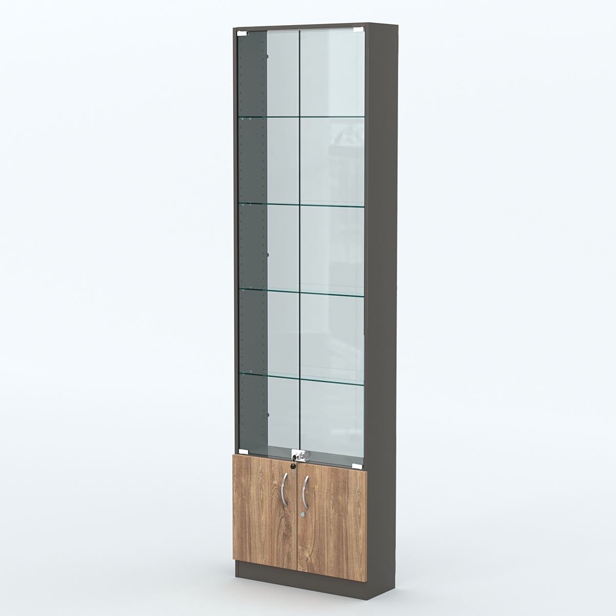 Торговая витрина с 4-мя стеклянными полками 200x600 мм серии NEXT-4 №3-1 (З/C - СТЕКЛО) Черный + Дуб Канзас Коричневый