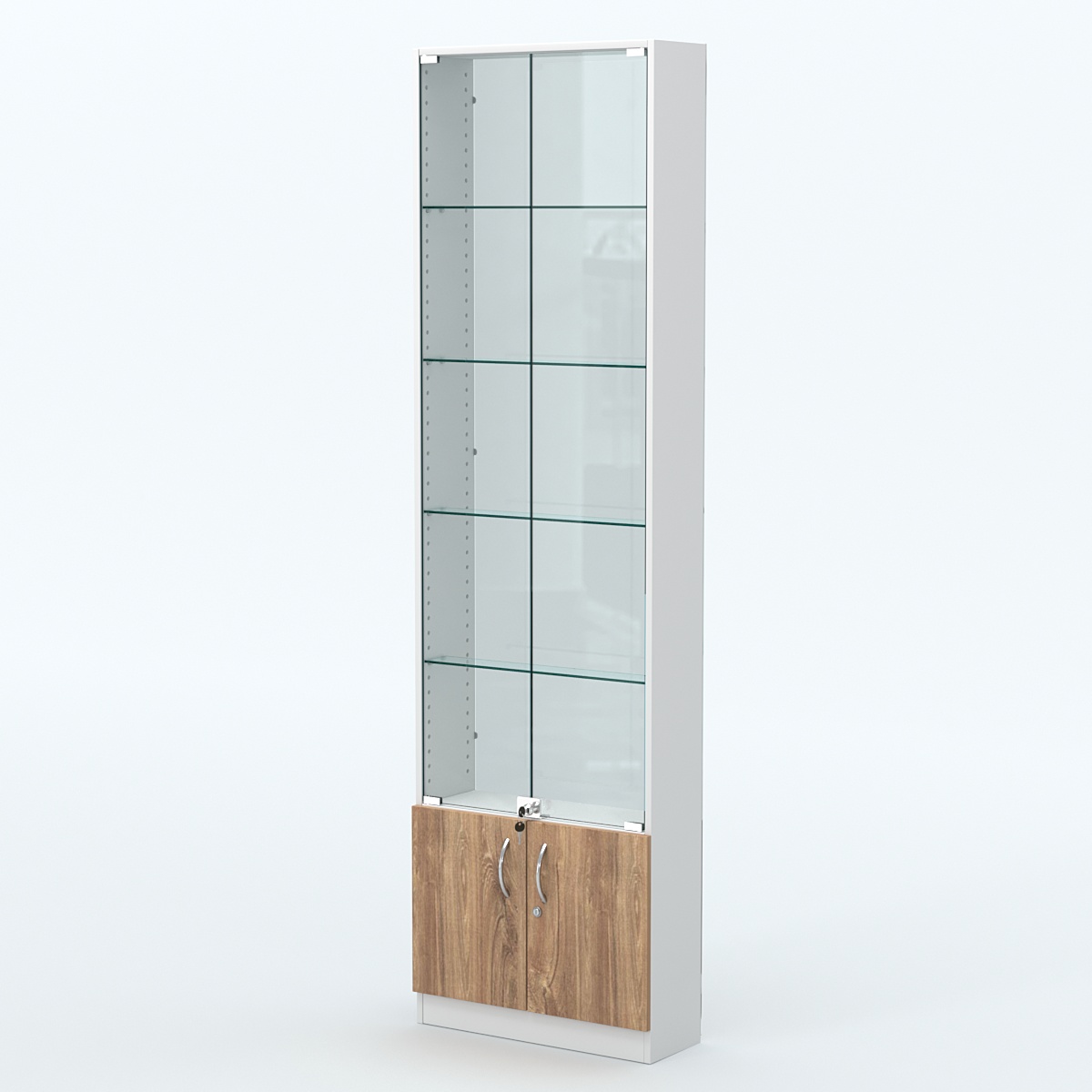 Торговая витрина с 4-мя стеклянными полками 200x600 мм серии NEXT-4 №3-1 (З/C - СТЕКЛО) Белый + Дуб канзас коричневый