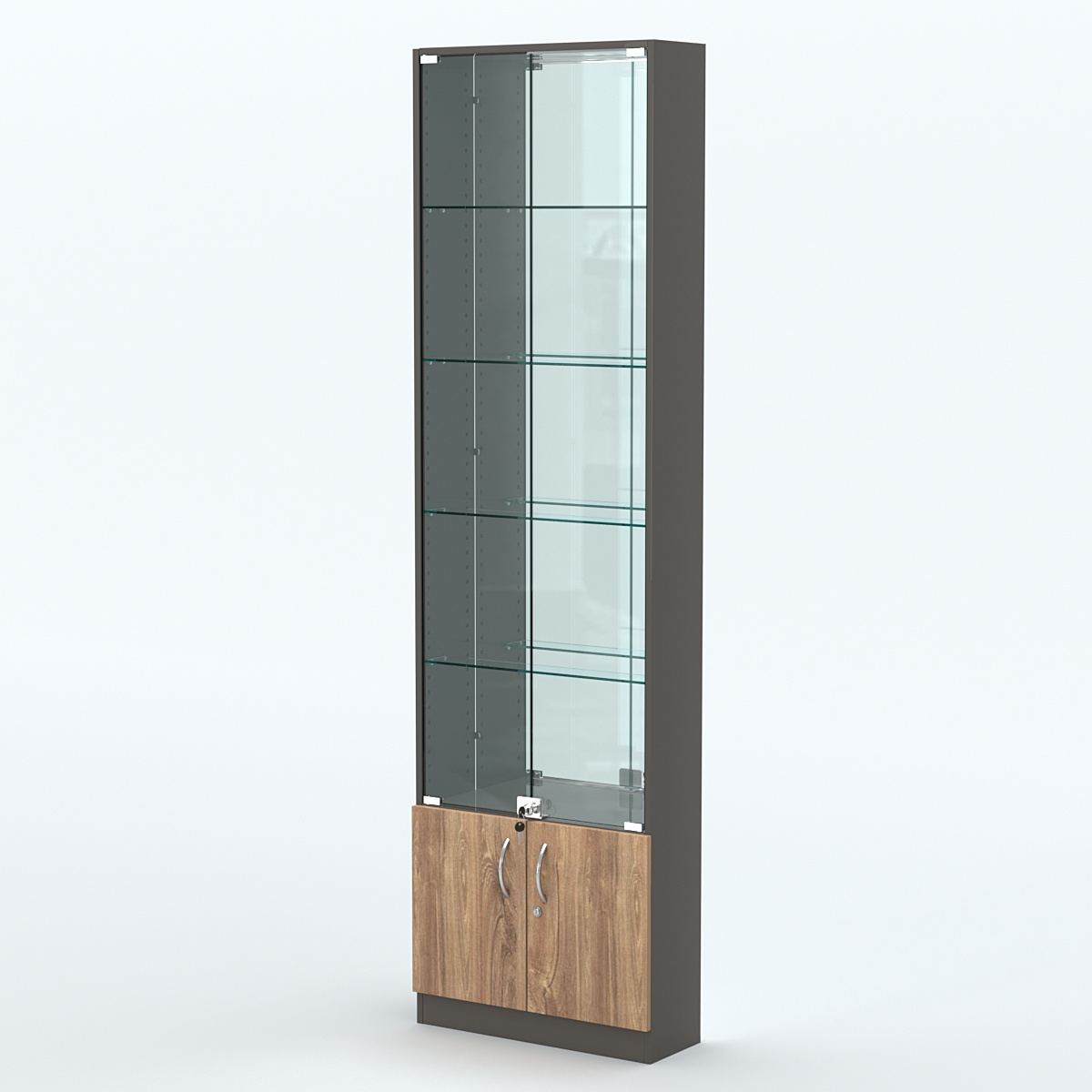 Торговая витрина с 4-мя стеклянными полками 200x600 мм серии NEXT-4 №3-2 (З/C - ЗЕРКАЛО) Черный + Дуб Канзас Коричневый