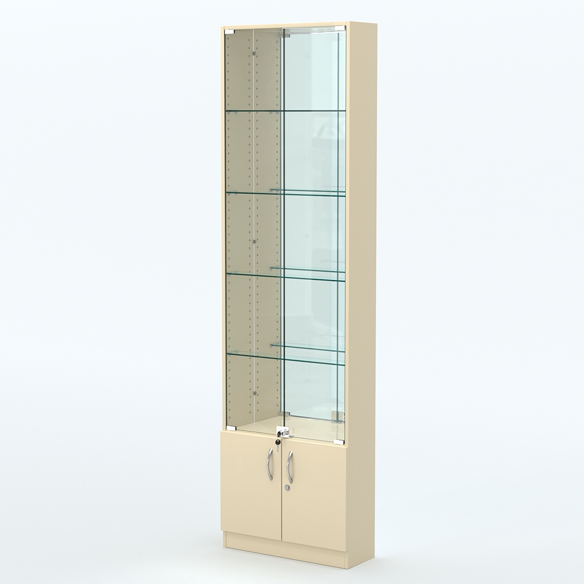 Торговая витрина с 4-мя стеклянными полками 200x600 мм серии NEXT-4 №3-2 (З/C - ЗЕРКАЛО) Крем Вайс