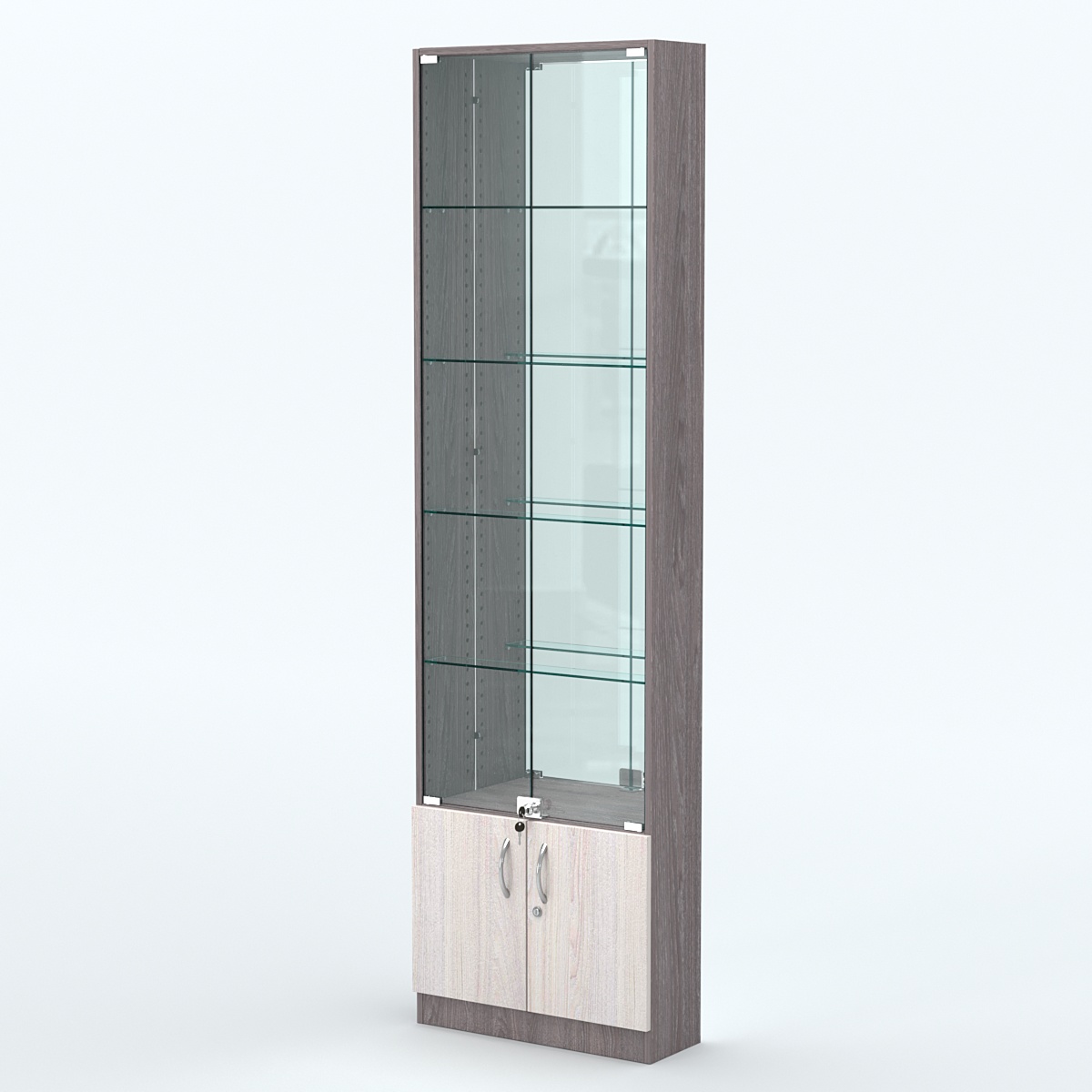 Торговая витрина с 4-мя стеклянными полками 200x600 мм серии NEXT-4 №3-2 (З/C - ЗЕРКАЛО) Ясень Анкор темный + Ясень Анкор светлый