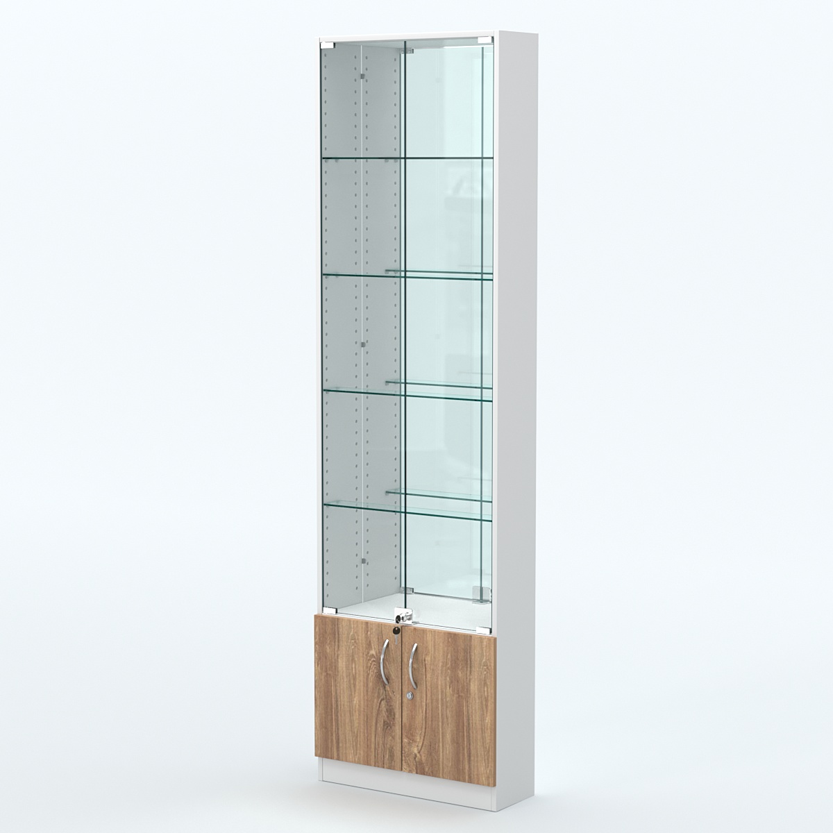 Торговая витрина с 4-мя стеклянными полками 200x600 мм серии NEXT-4 №3-2 (З/C - ЗЕРКАЛО) Белый + Дуб канзас коричневый