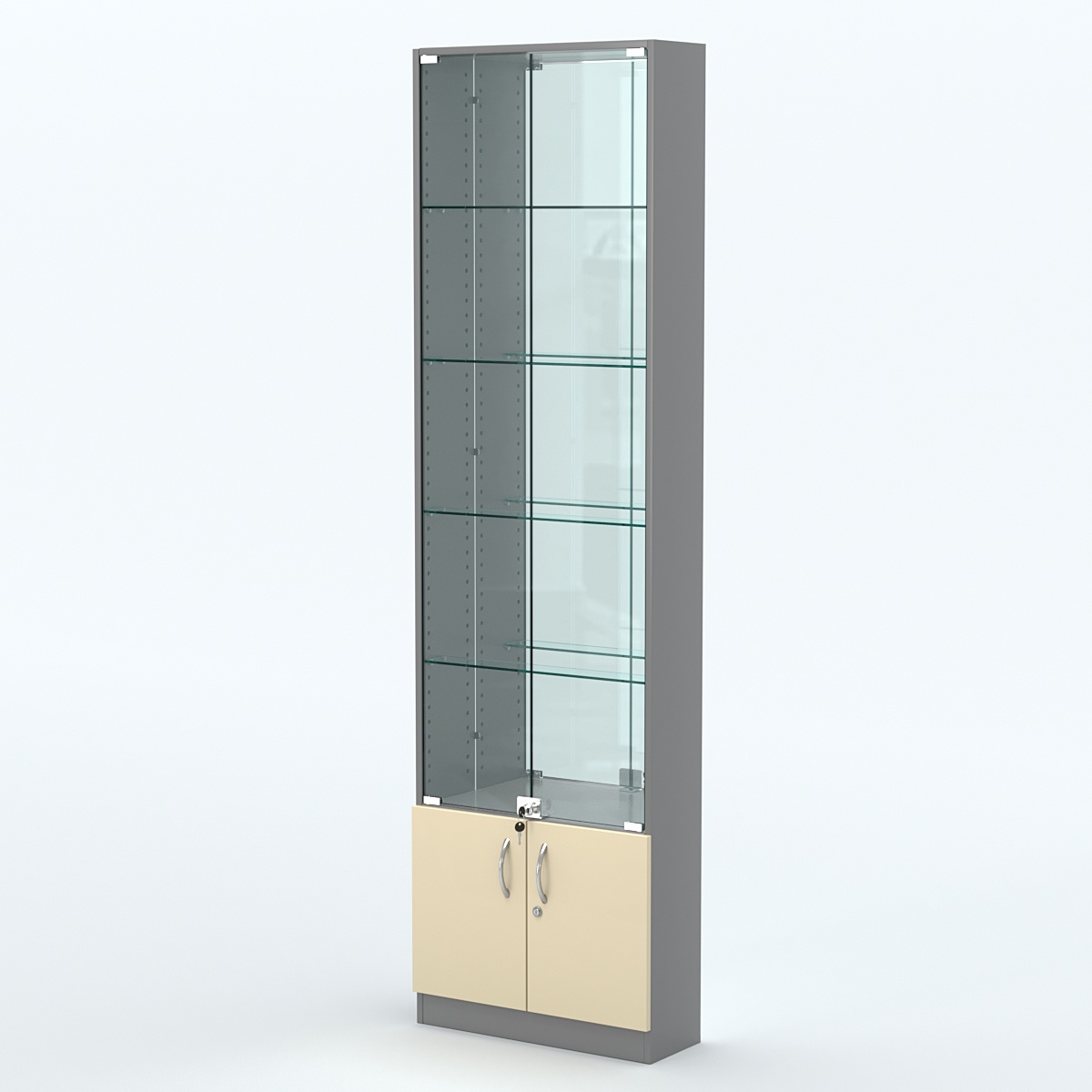 Торговая витрина с 4-мя стеклянными полками 200x600 мм серии NEXT-4 №3-2 (З/C - ЗЕРКАЛО) Темно-серый + Крем Вайс