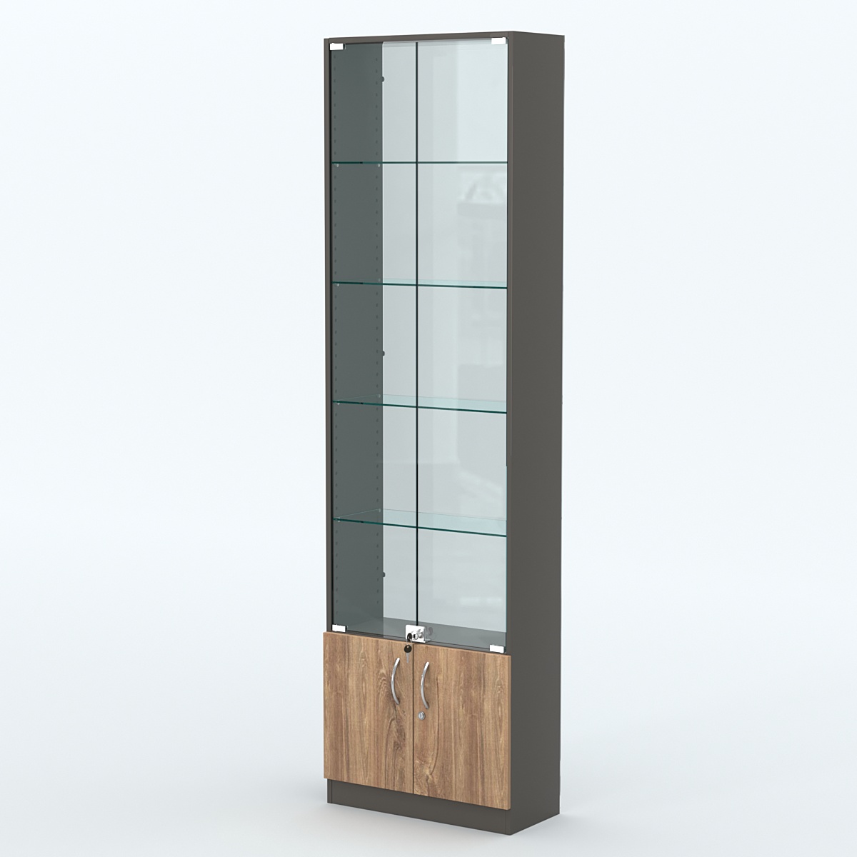 Торговая витрина с 4-мя стеклянными полками 250x600 мм серии NEXT-4 №4-1 (З/C - СТЕКЛО) Черный + Дуб Канзас Коричневый