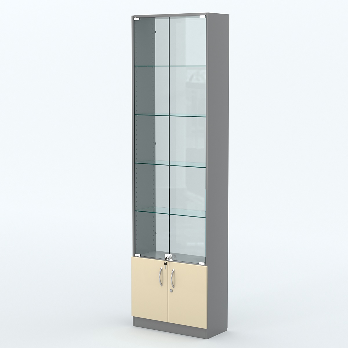 Торговая витрина с 4-мя стеклянными полками 250x600 мм серии NEXT-4 №4-1 (З/C - СТЕКЛО) Темно-серый + Крем Вайс