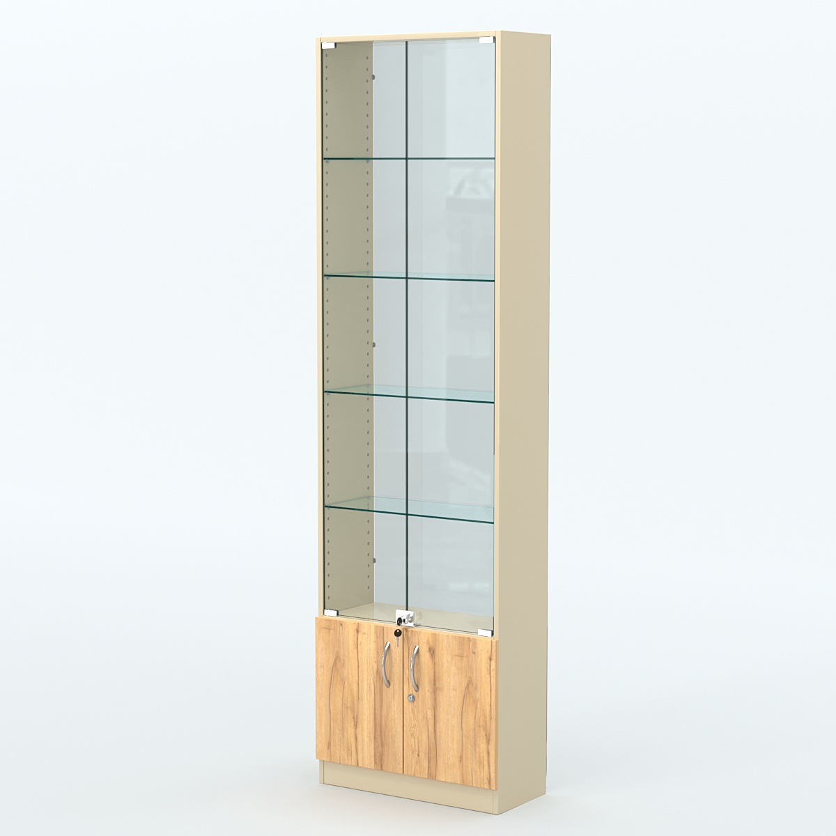 Торговая витрина с 4-мя стеклянными полками 250x600 мм серии NEXT-4 №4-1 (З/C - СТЕКЛО) Крем Вайс и Дуб Золотистый