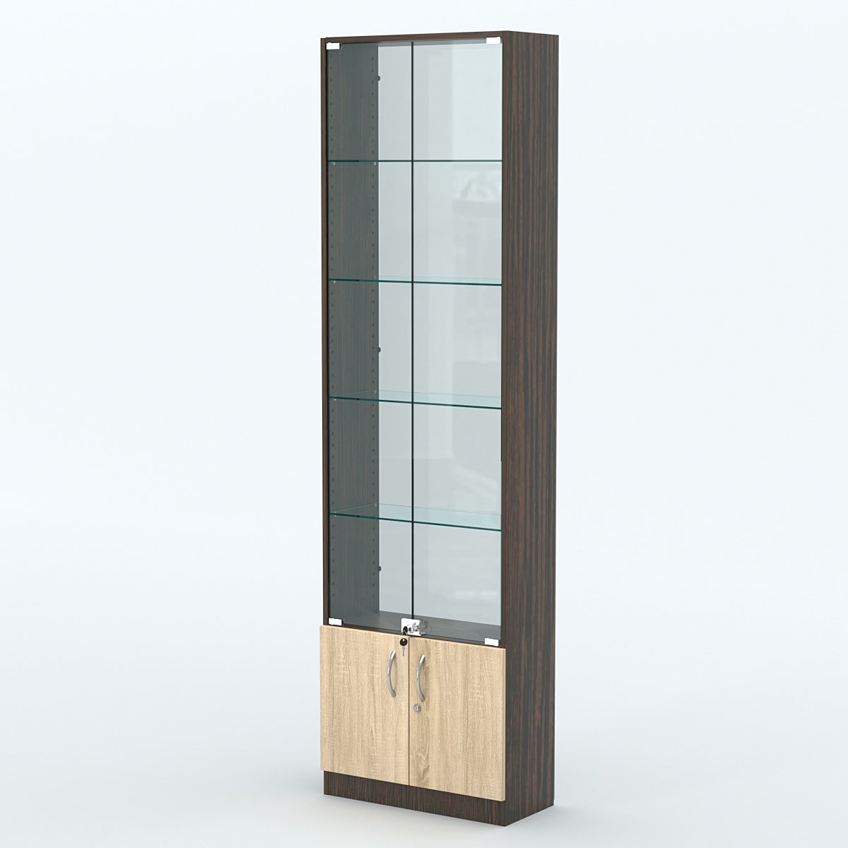 Торговая витрина с 4-мя стеклянными полками 250x600 мм серии NEXT-4 №4-1 (З/C - СТЕКЛО) Дуб Венге + Дуб Сонома