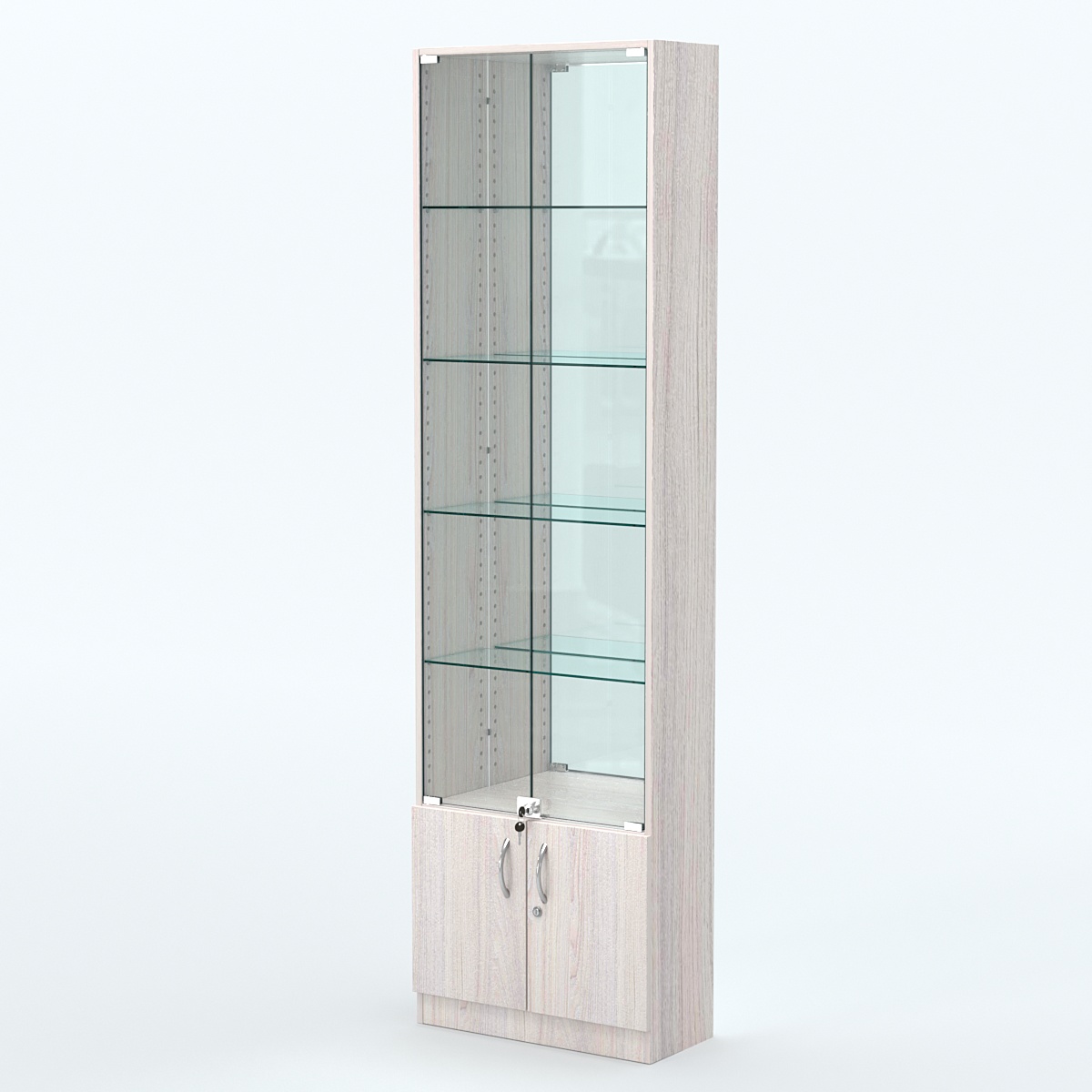 Торговая витрина с 4-мя стеклянными полками 250x600 мм серии NEXT-4 №4-2 (З/C - ЗЕРКАЛО) Ясень Анкор светлый