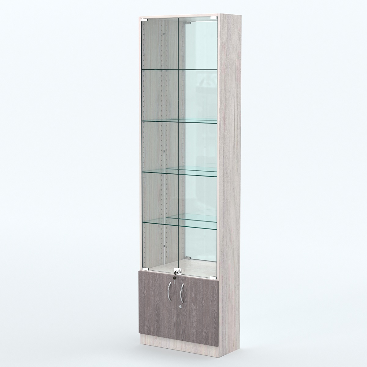 Торговая витрина с 4-мя стеклянными полками 250x600 мм серии NEXT-4 №4-2 (З/C - ЗЕРКАЛО) Ясень Анкор светлый + Ясень Анкор темный