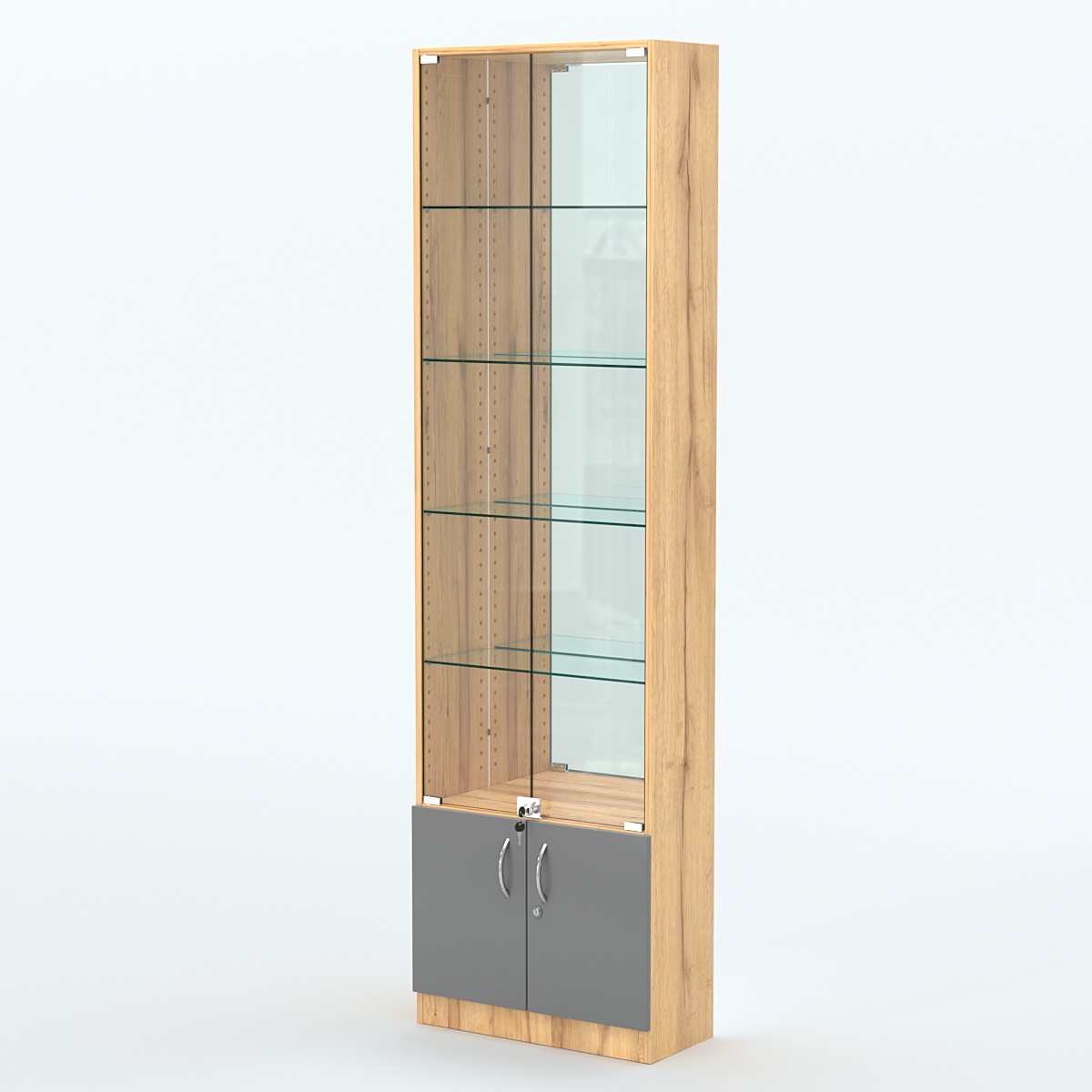 Торговая витрина с 4-мя стеклянными полками 250x600 мм серии NEXT-4 №4-2 (З/C - ЗЕРКАЛО) Дуб Золотистый и Темно-Серый