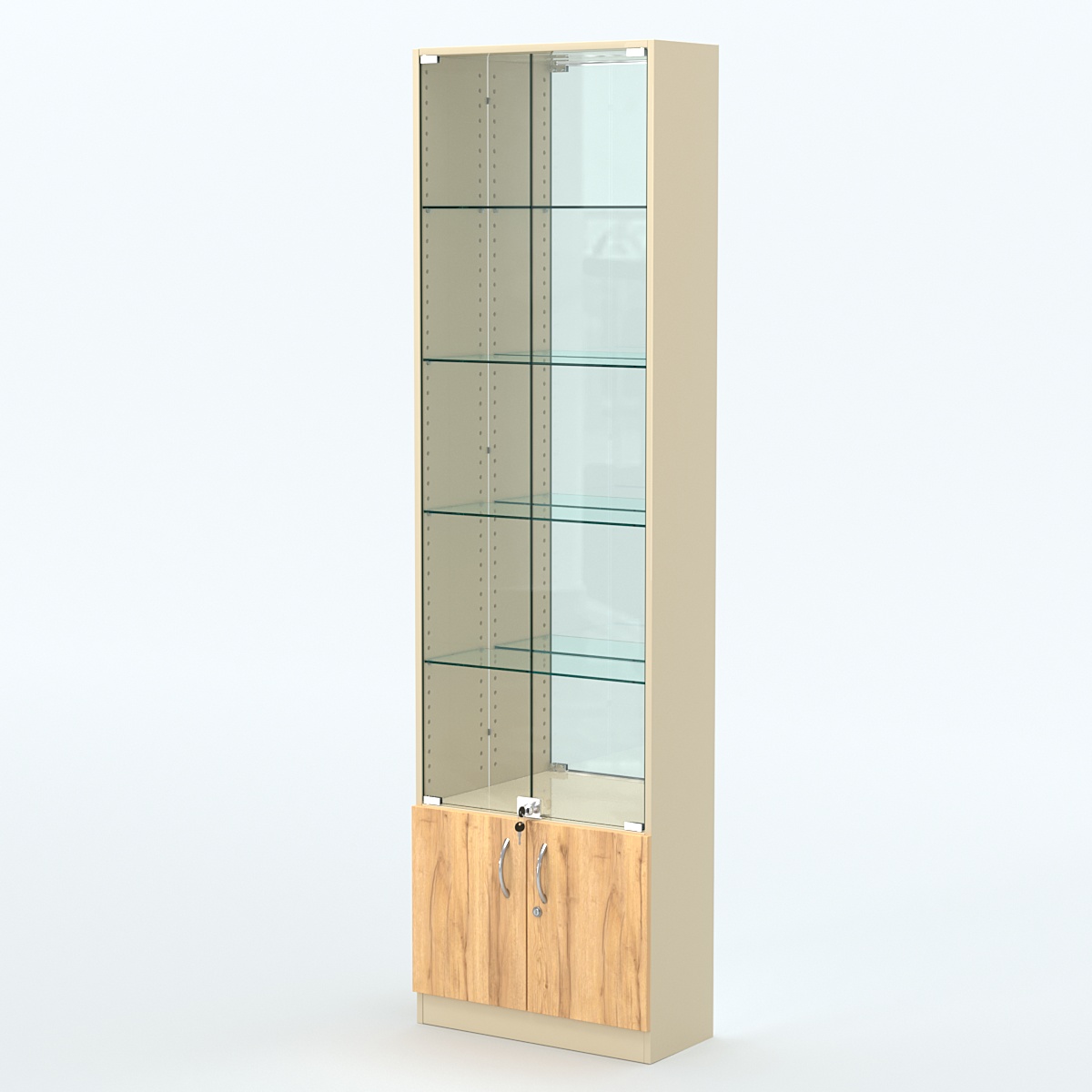 Торговая витрина с 4-мя стеклянными полками 250x600 мм серии NEXT-4 №4-2 (З/C - ЗЕРКАЛО) Крем Вайс и Дуб Золотистый