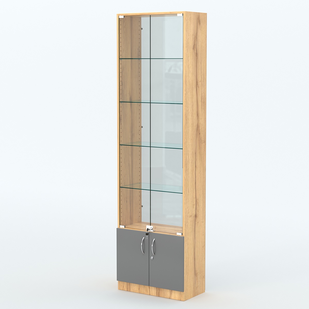 Торговая витрина с 4-мя стеклянными полками 300x600 мм серии NEXT-4 №5-1 (З/C - СТЕКЛО) Дуб Золотистый и Темно-Серый