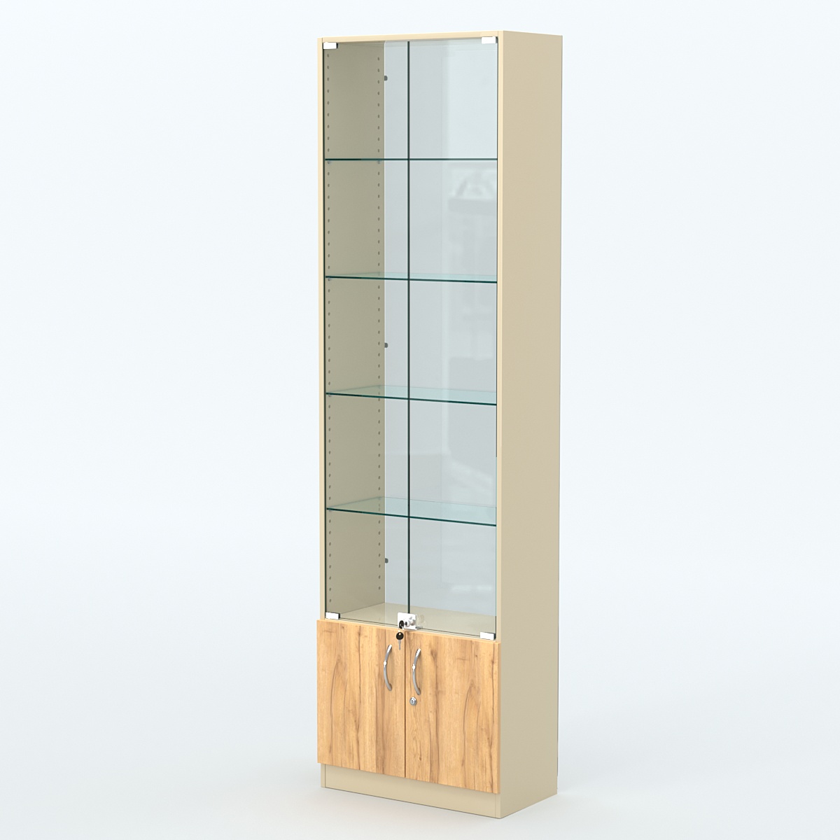 Торговая витрина с 4-мя стеклянными полками 300x600 мм серии NEXT-4 №5-1 (З/C - СТЕКЛО) Крем Вайс и Дуб Золотистый