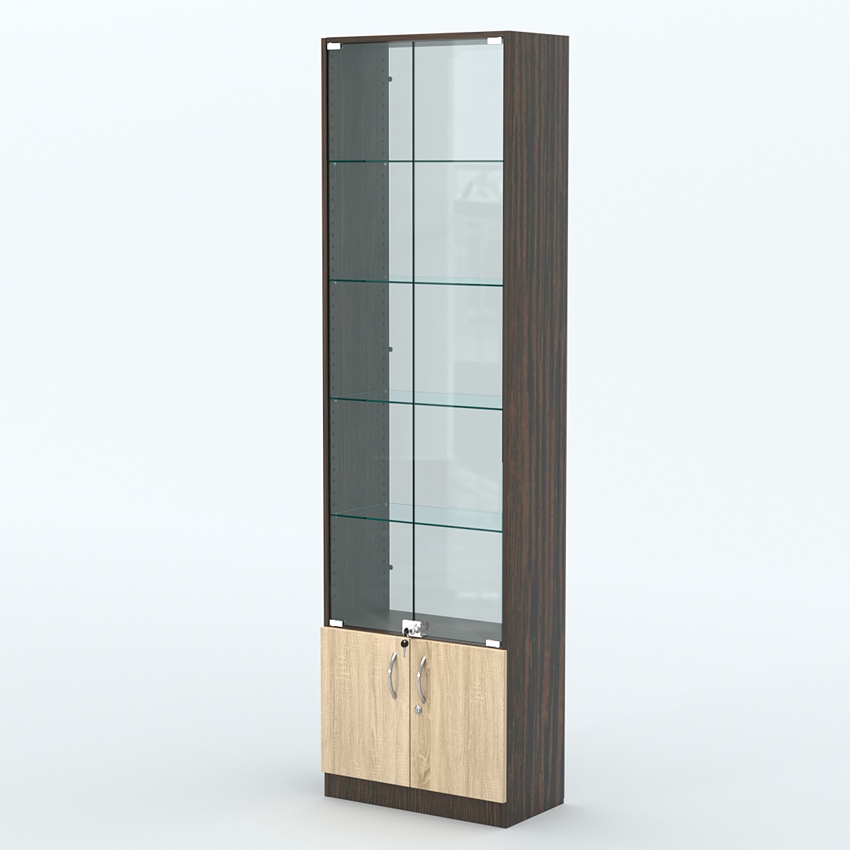 Торговая витрина с 4-мя стеклянными полками 300x600 мм серии NEXT-4 №5-1 (З/C - СТЕКЛО) Дуб Венге + Дуб Сонома