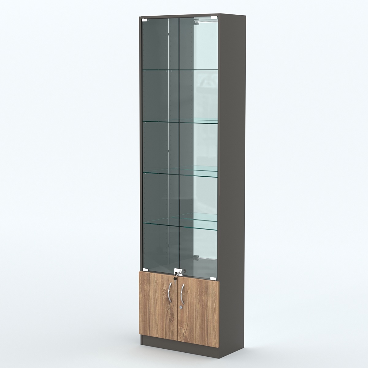 Торговая витрина с 4-мя стеклянными полками 300x600 мм серии NEXT-4 №5-2 (З/C - ЗЕРКАЛО) Черный + Дуб Канзас Коричневый