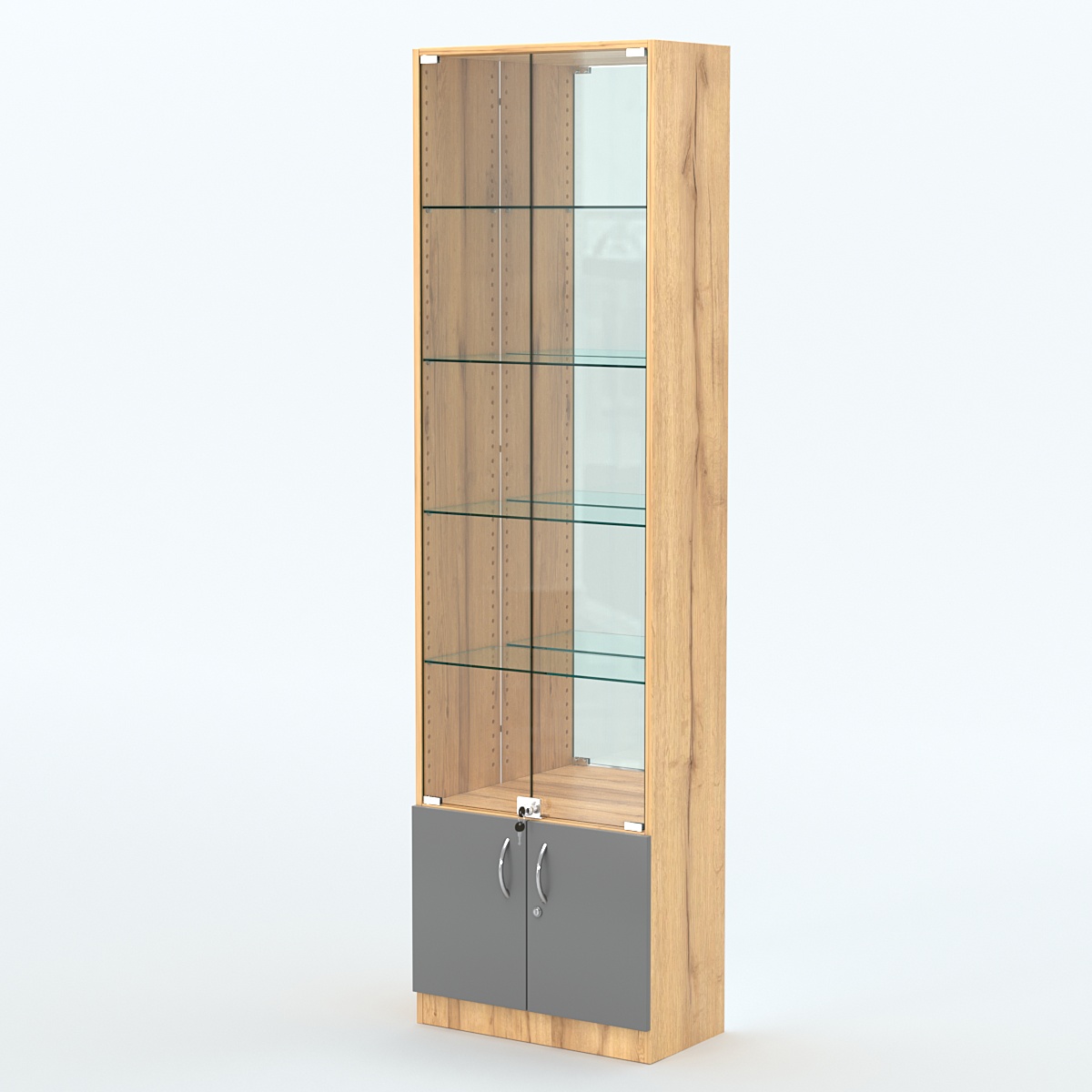 Торговая витрина с 4-мя стеклянными полками 300x600 мм серии NEXT-4 №5-2 (З/C - ЗЕРКАЛО) Дуб Золотистый и Темно-Серый