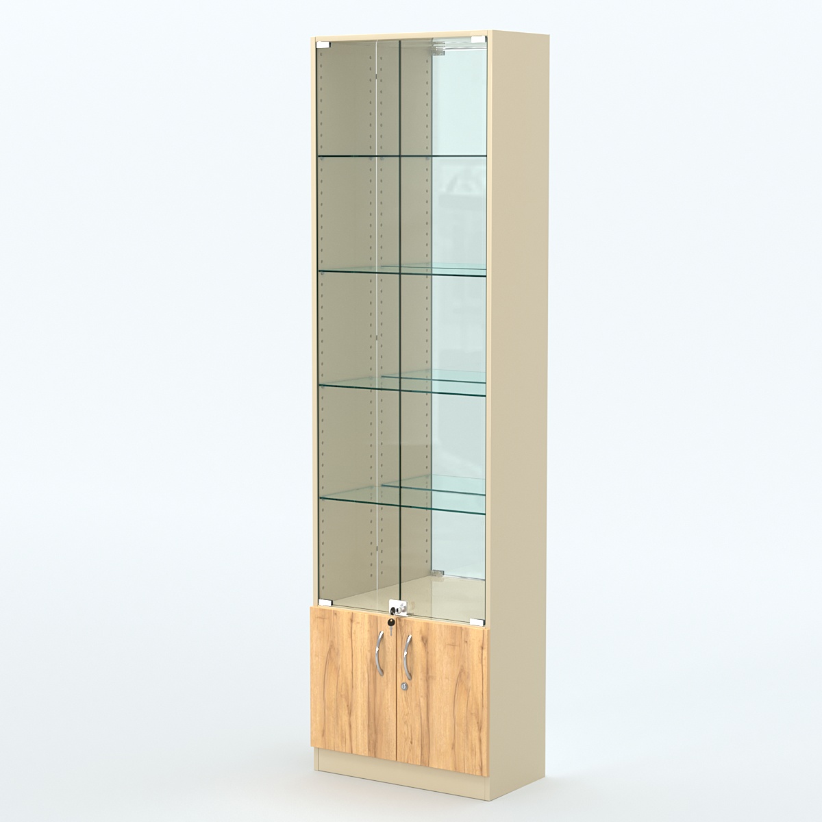 Торговая витрина с 4-мя стеклянными полками 300x600 мм серии NEXT-4 №5-2 (З/C - ЗЕРКАЛО) Крем Вайс и Дуб Золотистый