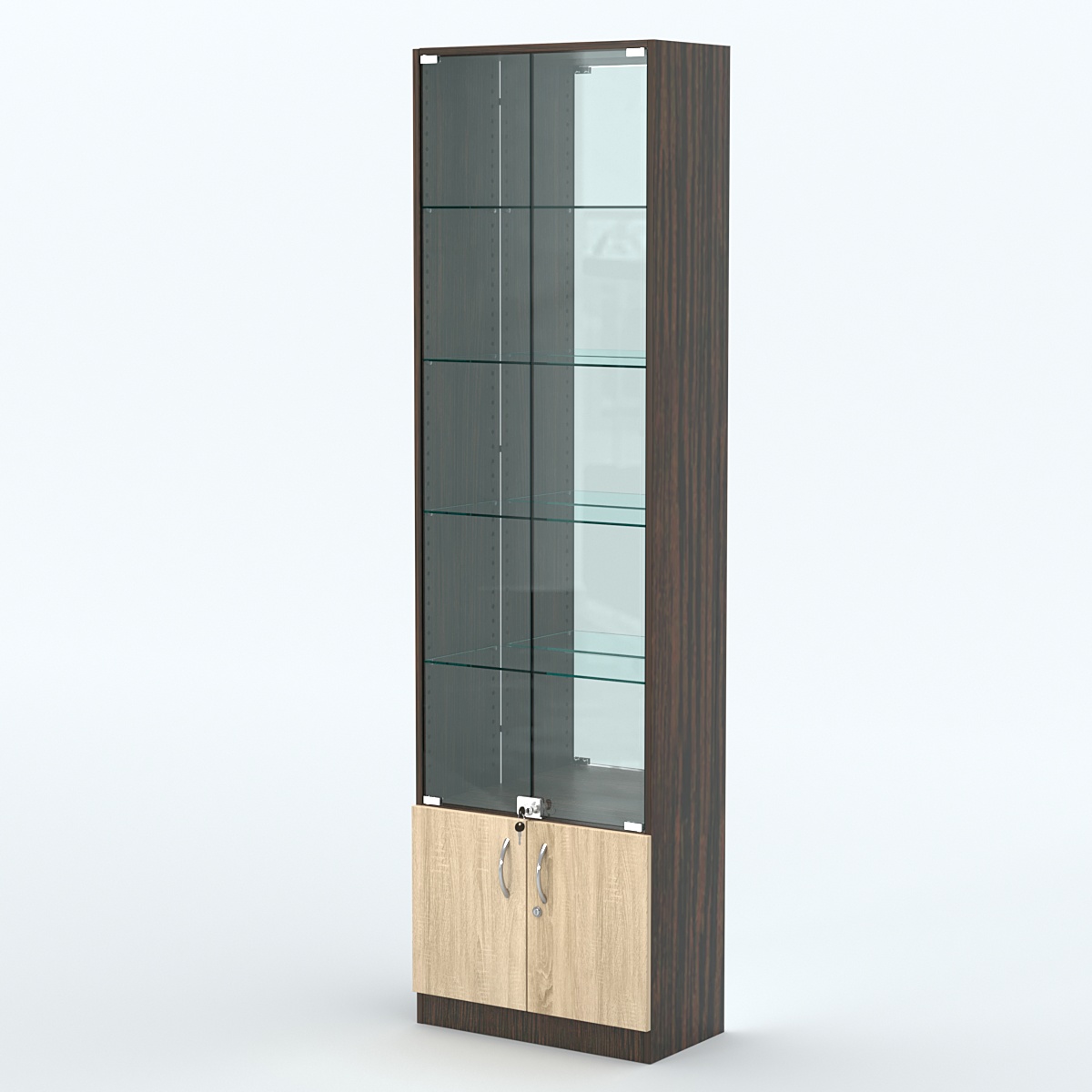 Торговая витрина с 4-мя стеклянными полками 300x600 мм серии NEXT-4 №5-2 (З/C - ЗЕРКАЛО) Дуб Венге + Дуб Сонома
