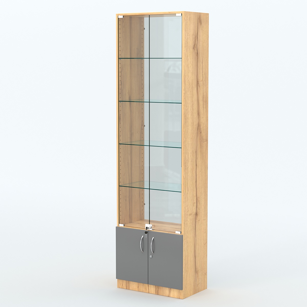 Торговая витрина с 4-мя стеклянными полками 350x600 мм серии NEXT-4 №6-1 (З/C - СТЕКЛО) Дуб Золотистый и Темно-Серый