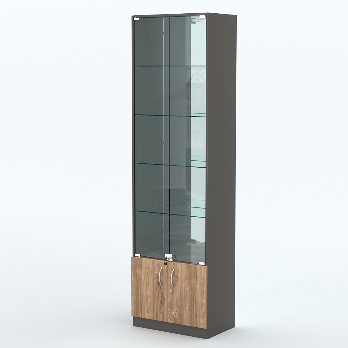 Торговая витрина с 4-мя стеклянными полками 350x600 мм серии NEXT-4 №6-2 (З/C - ЗЕРКАЛО) Черный + Дуб Канзас Коричневый